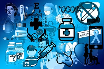 eine Menge von Symbolen für Medizin: Flaschen, Spritzen, Thermometer